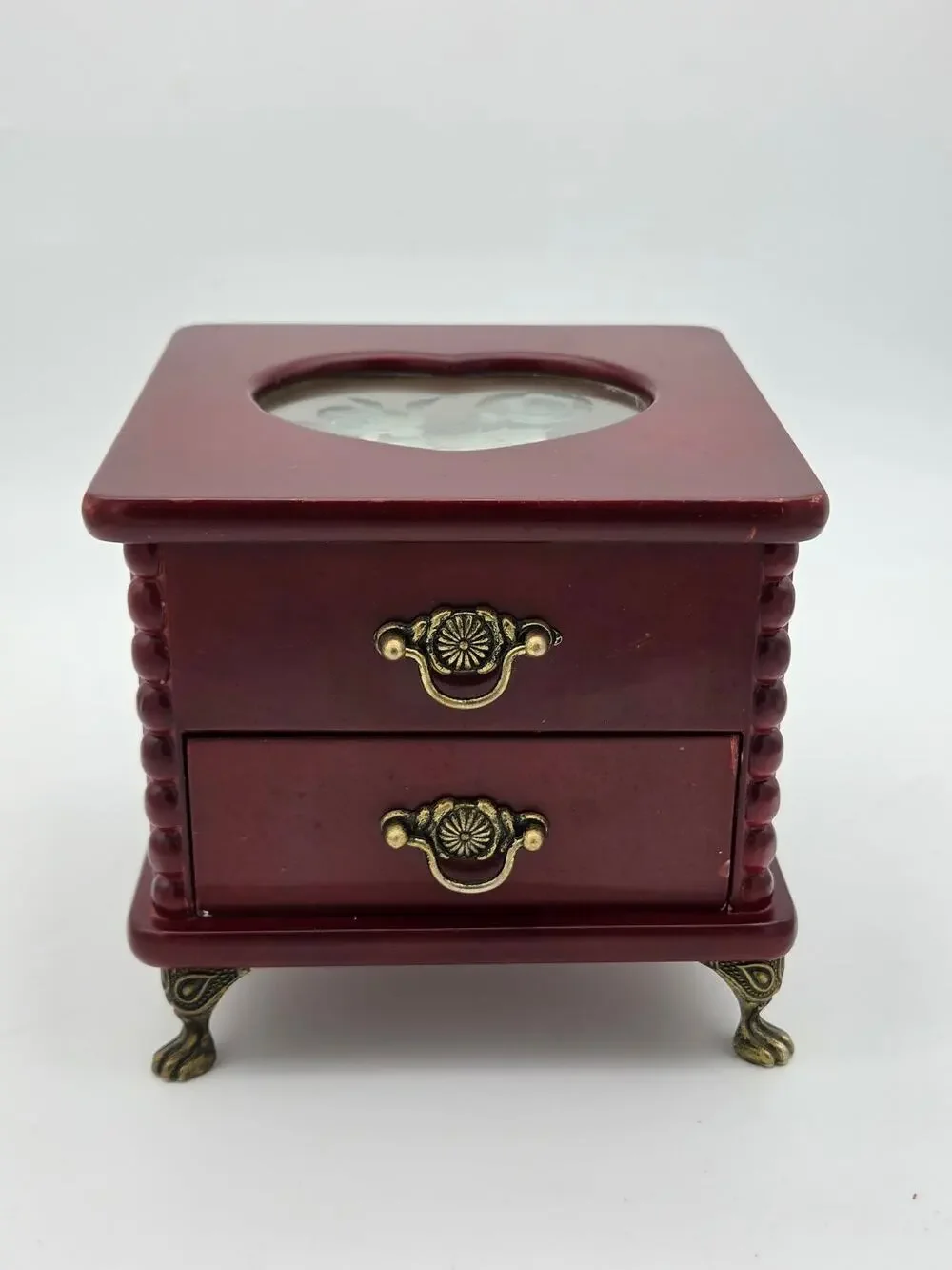 Vintage 1990s Wooden Jewelry Box Etched Glass Rose Heart Chery Wood
